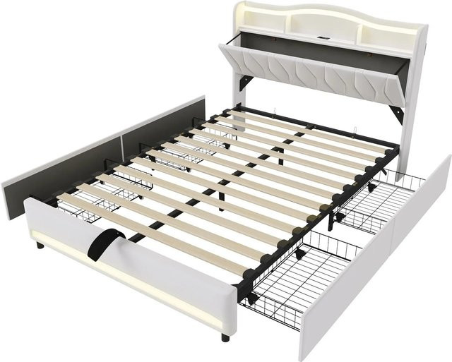 PXloue Polsterbett aus Samt mit LED-Beleuchtung und USB-Anschluss in Beige, B/T/H: 140 x 200 x 110,5 cm - Bild 1