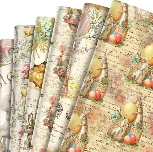 12 Stück Vintage Geschenkpapier mit Ostermuster Hasen und Eier in Mehrfarbig - Bild 1