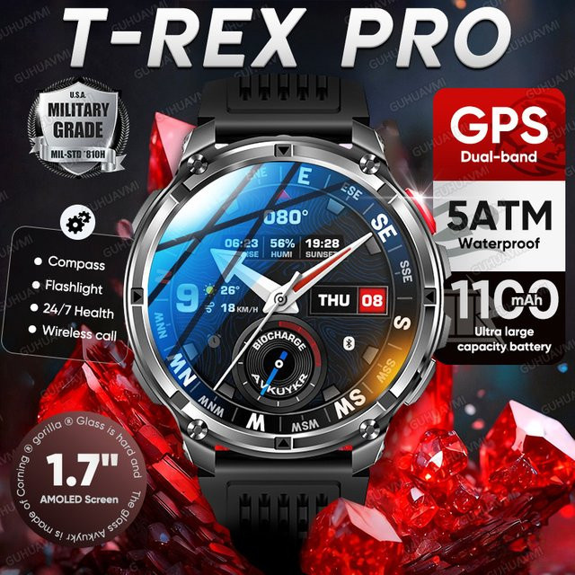GUHUAVMI T-Rex3 Pro Smartwatch mit GPS-Pfadverfolgung, 1100mAh Akku, 5ATM Wasserdichtigkeit und Kompass in Schwarz und Silber - Bild 1