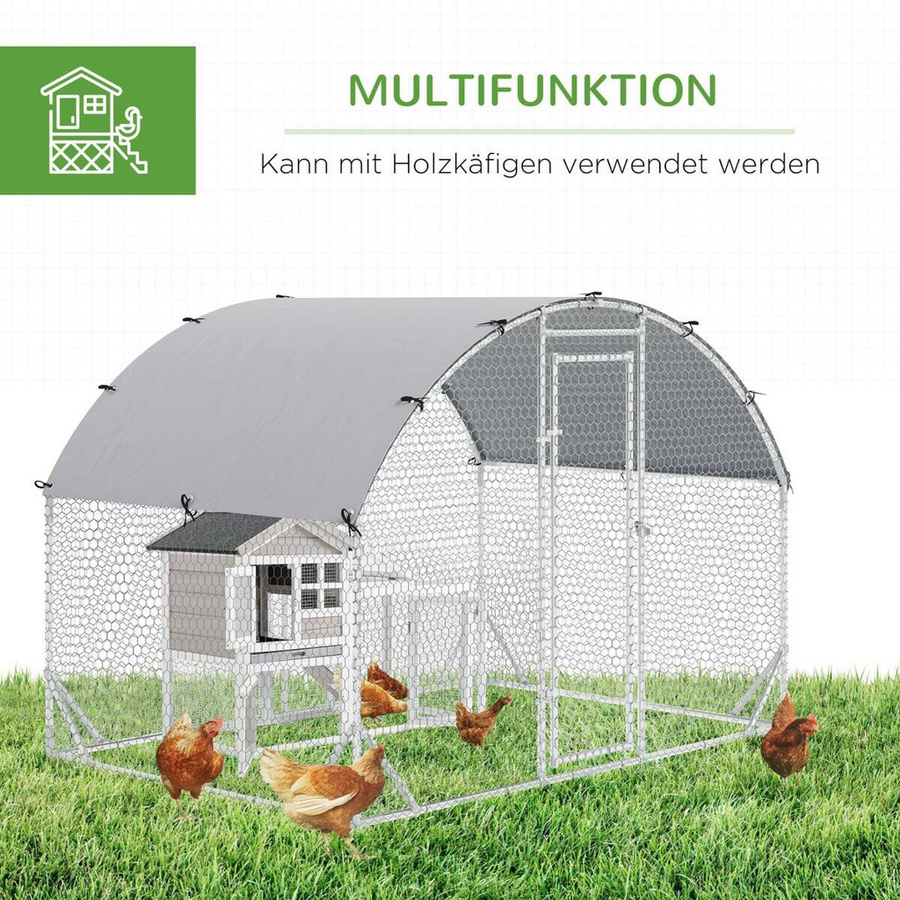 PawHut Hühnerstall Freilaufgehege aus Stahl in Silber für 4-6 Hühner und Kleintiere, B/T/H: 280 x 190 x 197 cm - Bild 3