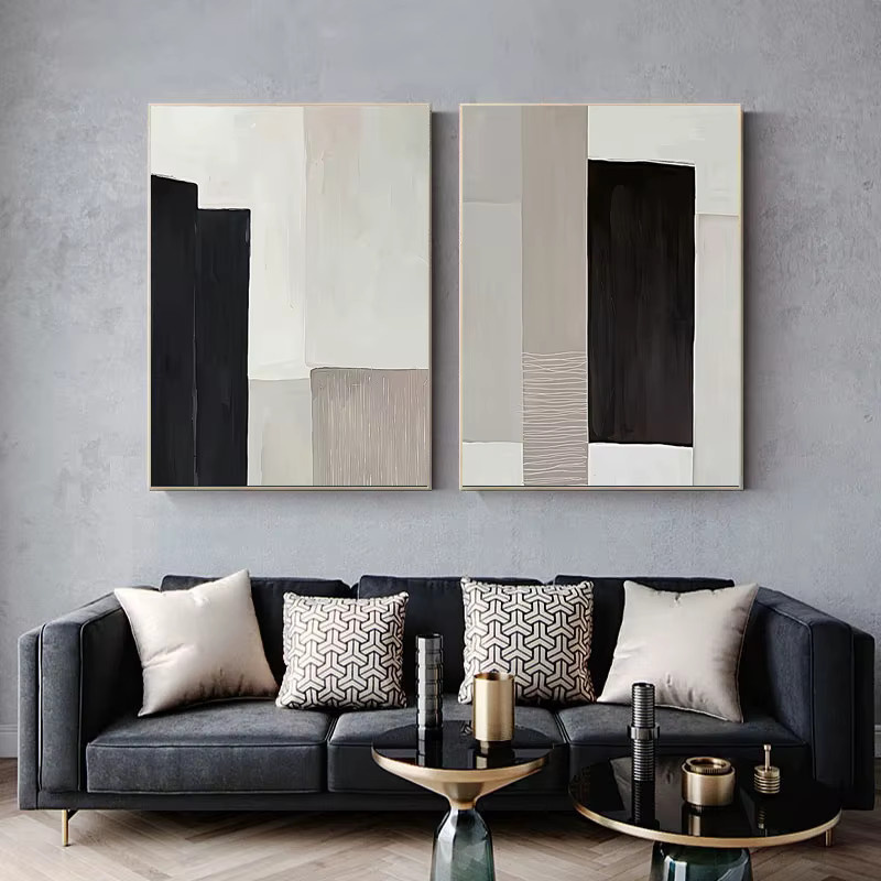 Abstrakte Leinwandmalerei Potdemiel in Blau, Schwarz und Beige als moderne Wandkunst für dein Wohnzimmer - Bild 2