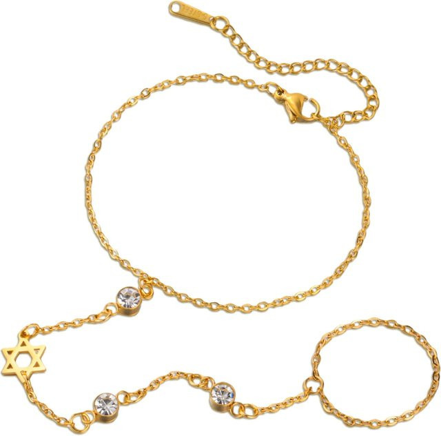 YULIN Fingerarmband Davidstern Chai, Edelstahl, Gold, Zirkonia, Damen, 17-22cm - Bild 1