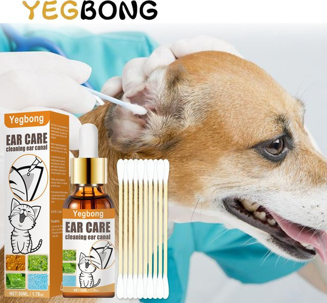 YEGBONG 2er-Set Haustier-Ohrpflegeset zur Milbenkontrolle und Juckreizlinderung mit hypoallergener Reinigungslösung und Wattestäbchen für Hunde und Katzen, multicolour - Bild 1
