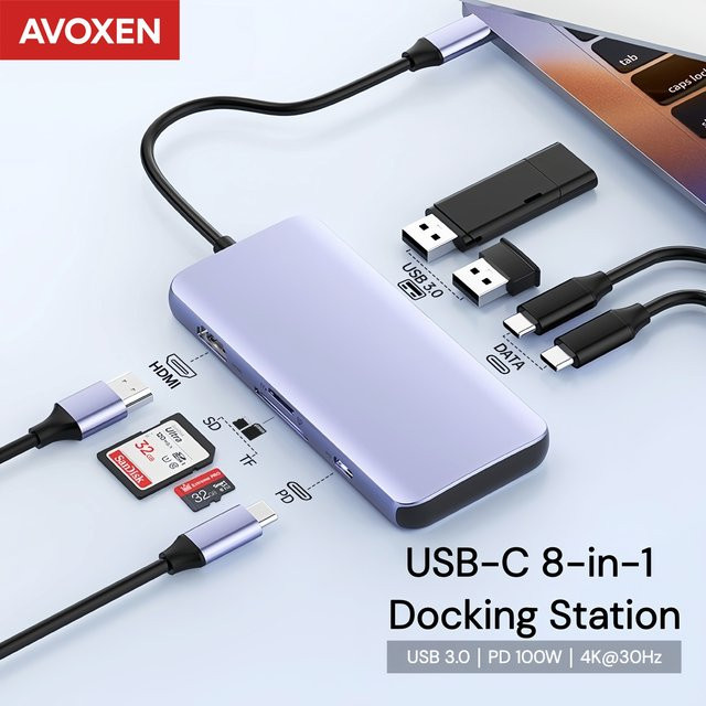 AVOXEN 8-in-1 USB-C Hub mit HDMI, PD 100W, 5Gbps und SD/TF Kartenleser Multiport-Adapter Dockingstation für Laptop und MacBook - Bild 1