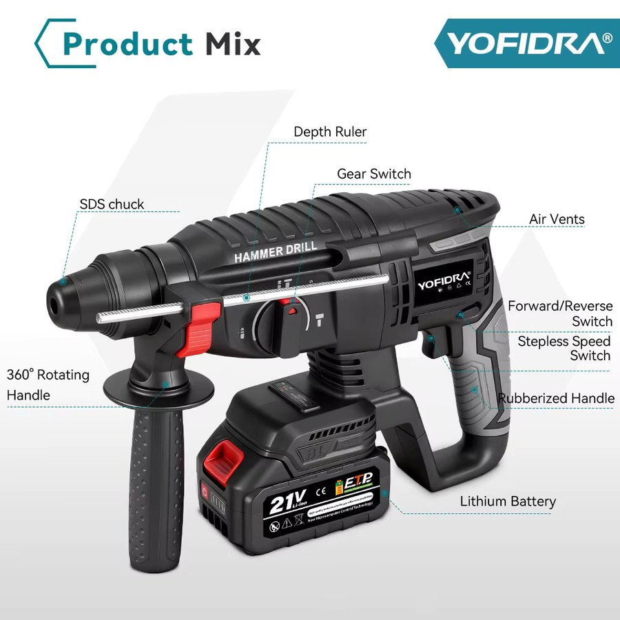 YOFIDRA Bürstenlose elektrische Schlagbohrmaschine Multifunktions Schlaghammer Cordless in Schwarz für Makita LXT Akkus - Bild 2