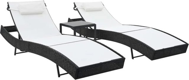 vidaXL Sonnenliegen Set aus 2 Stück mit Tisch aus Poly Rattan und Textilene in Schwarz und Weiß - Bild 1