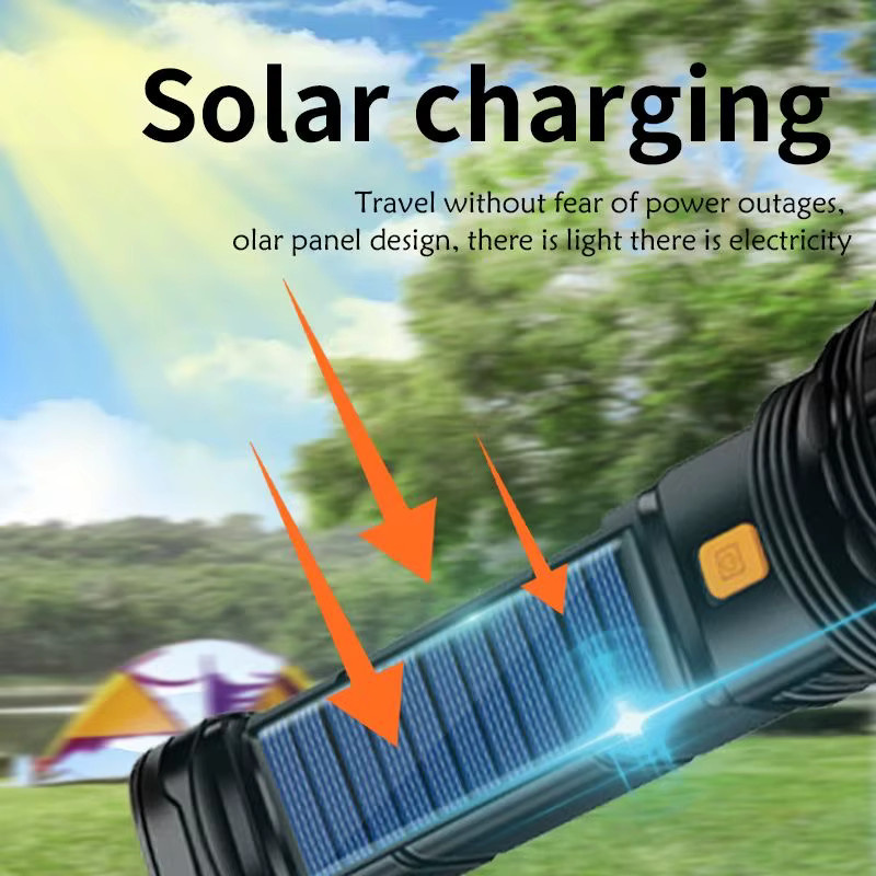 Mikenoon Multifunktionale Solar-LED-Taschenlampe mit Powerbank und großer Reichweite, schwarze taktische Notfall-Laterne für Garten und Outdoor - Bild 2