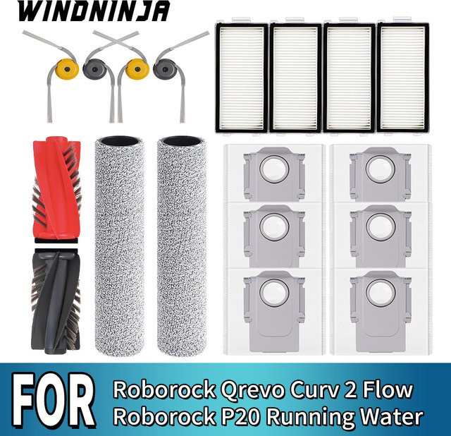 Roborock Zubehör-Set für Qrevo Curv 2 Flow und P20 Roboterstaubsauger mit Hauptbürste, Filter, Wischrolle, Seitenbürste und Staubbeuteln - Bild 1