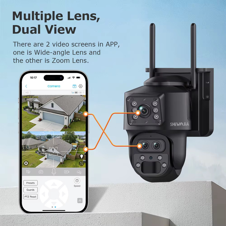 SHIWOJIA 4G Solarkamera mit 12 MP Dreiobjektiv, 15x Zoom, 360 Grad PTZ Outdoor Security Kamera mit 7800mAh Akku und 5W Solarpanel in Schwarz - Bild 3
