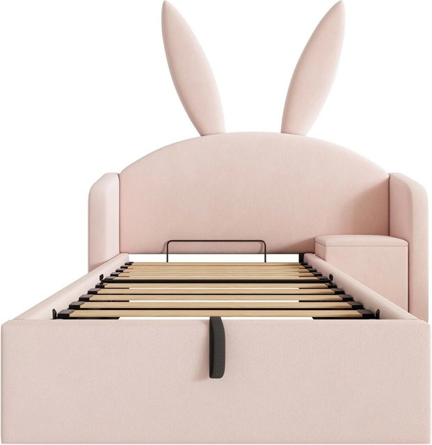 Merax Kinderbett mit Hasenohr Design in Rosa, Samtbezug und Stauraum, B/T/H: 90 x 190 x 143 cm - Bild 1