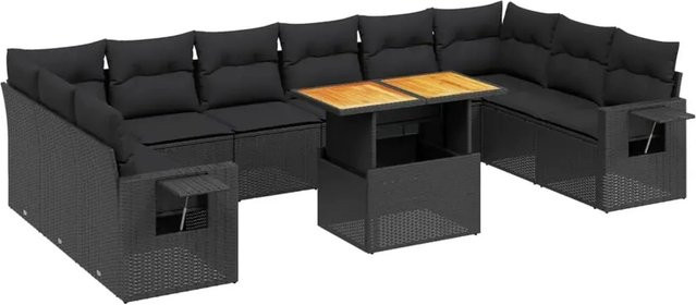 vidaXL 11-tlg. Garten-Sofagarnitur in L-Form aus Poly-Rattan und Akazienholz mit Kissen, Schwarz - Bild 1