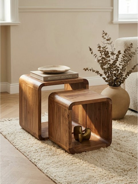 KADIMA DESIGN Beistelltisch Set aus Akazie Massivholz in Braun, 2-teilig, Modern mit abgerundeten Ecken - Bild 1