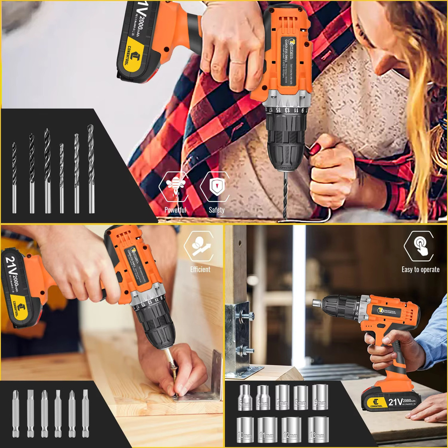 CONENTOOL 21V 36-in-1 Akku-Bohrschrauber-Set mit zwei 2000-mAh-Akkus, 45 N·m Drehmoment und LED-Licht in Grün-Orange - Bild 5