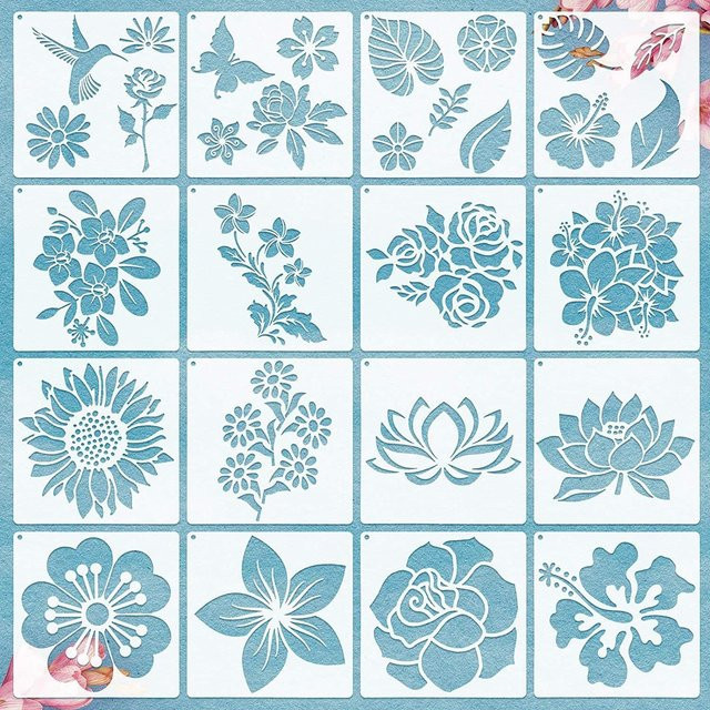 SZ-Damai DIY Blumen und Pflanzen Hohlmalerei Vorlagen Set aus Kunststoff, 16 Stück, Grau und Blau - Bild 1