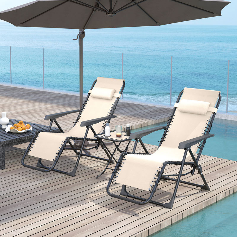 Outsunny Gartenliege Set 3-teilig in Beige aus Metall mit Teetisch, 2 Stühlen und Kopfkissen, klappbare wetterfeste Relaxliege mit verstellbarer Rückenlehne und Getränkehaltern, B/T/H: 90 x 56 x 110 cm - Bild 2