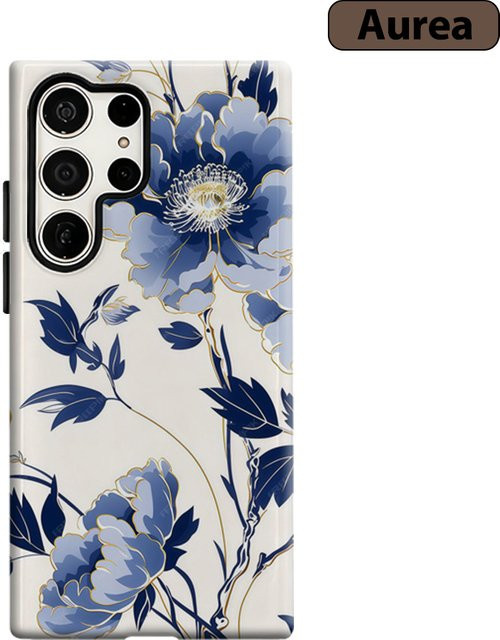 Stoßfeste Doppelschicht Handyhülle mit blau-goldenem Blumenmuster für Samsung Galaxy S25 Ultra, S24 und S23 Ultra Plus - Bild 1