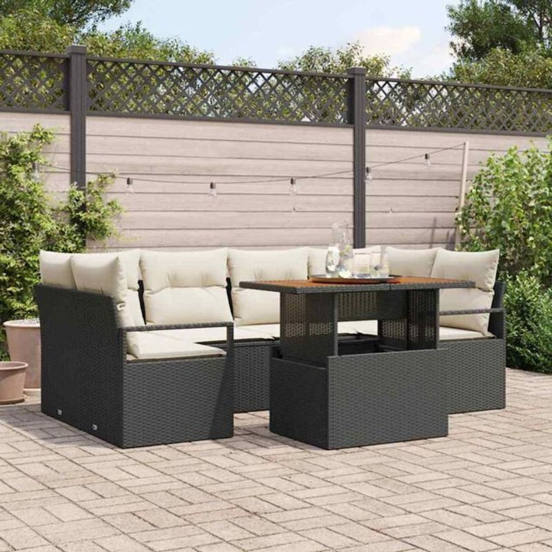 Vidaxl Garten-Sofa-Set aus 7 Teilen in Schwarz und Creme, modernes Polyrattan-Loungemöbel mit Akazie-Massivholz, B/T/H: 100 x 55 x 73 cm - Bild 1