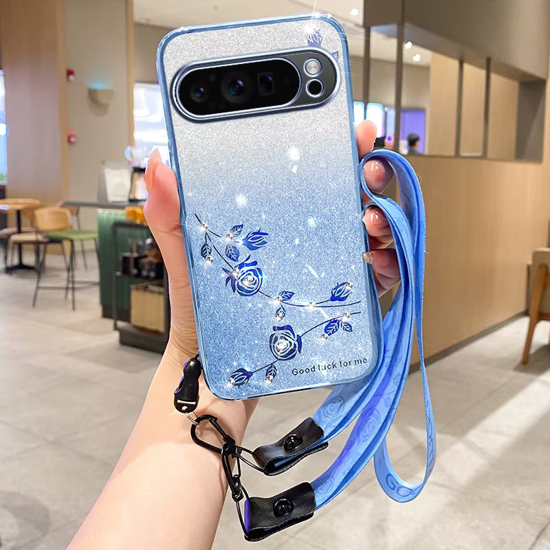 Gusakov Glitzer-Farbverlauf Telefonhülle mit ewiger Blume und galvanisierten Strass für Google Pixel 9 Pro, Pixel 10 Pro XL, 9A, 8 Pro und 8A in Multicolour und Blau - Bild 3