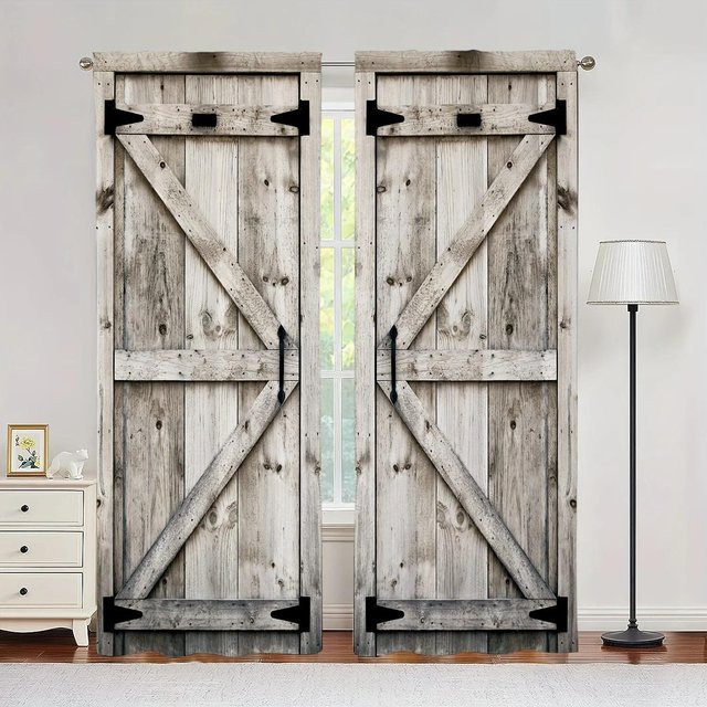 2er-Set Shabby Retro Vorhänge mit 3D-Holztür-Print in Braun, halbtransparent mit Ösen, Breite: 75 cm, Höhe: 166 cm - Bild 1