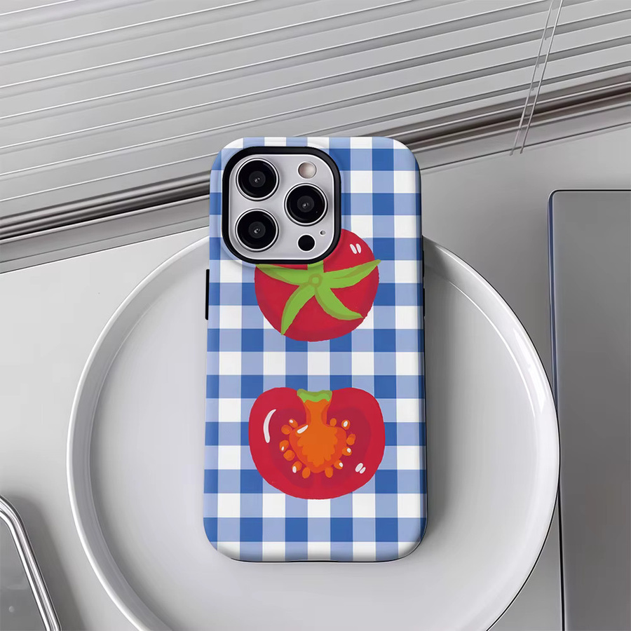 Blau karierte Handyhülle mit Tomaten-Design für Apple iPhone 17 16 15 14 13 12 Pro Max Plus mit doppelschichtiger Rückseite - Bild 3