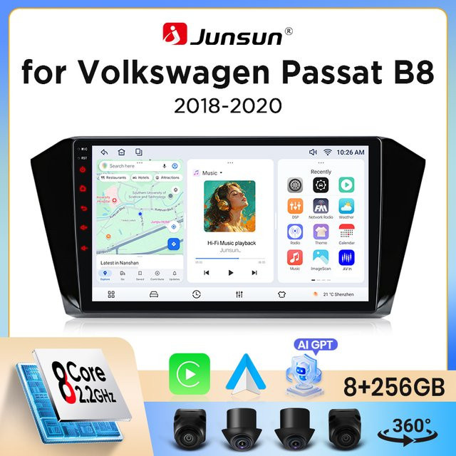 Junsun Wireless CarPlay und Android Auto Autoradio für Volkswagen Passat B8 (2014-2023) mit GPS Navigation, WiFi, Bluetooth und DSP in Schwarz - Bild 1