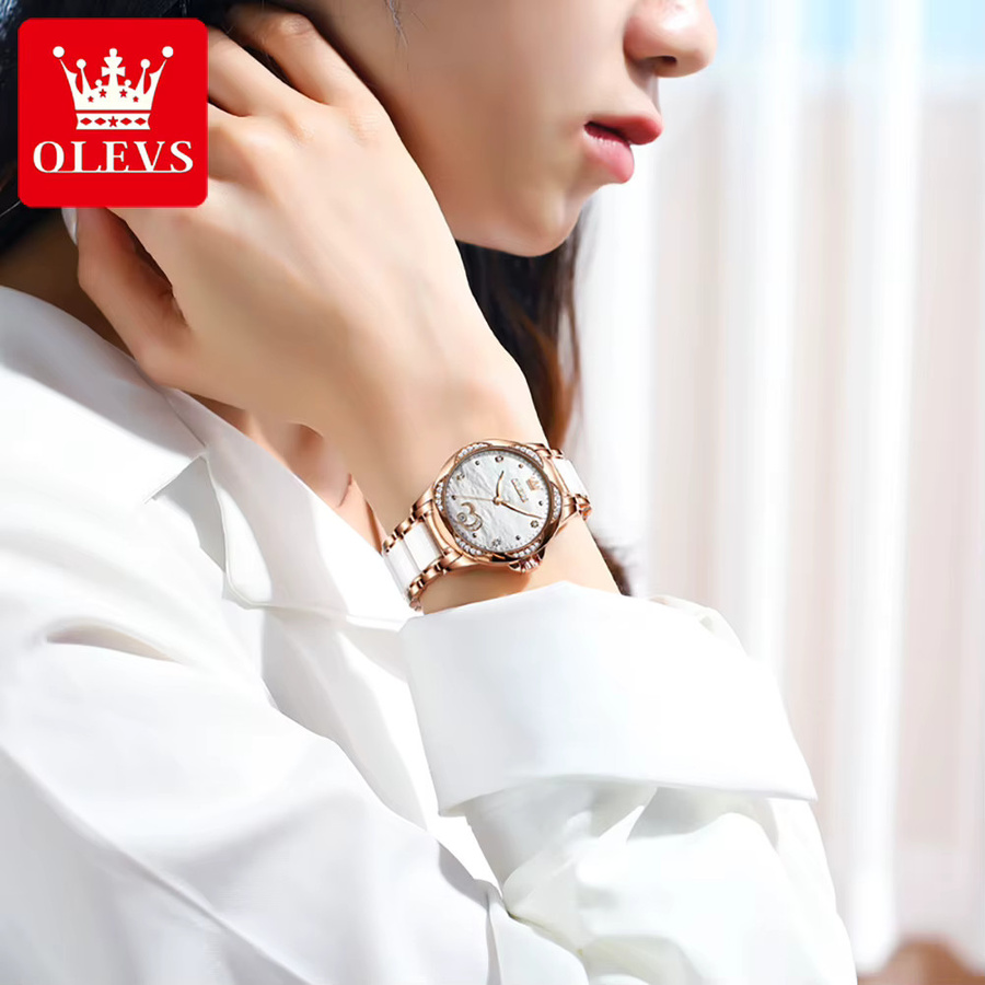 OLEVS Armbanduhr Automatik, Keramik, Roségold, Diamant, Damen - Bild 3