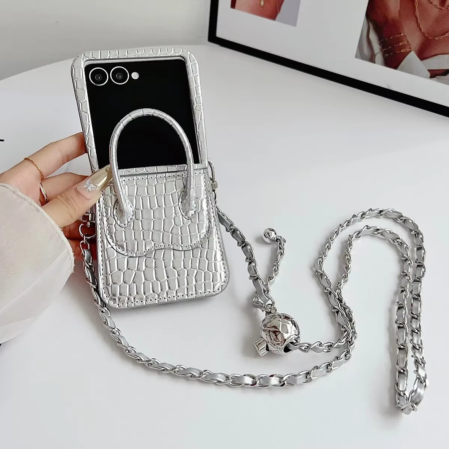 Stoßfeste Krokodilleder Umhängetasche Handyhülle mit Handschlaufe für Samsung Galaxy Z Flip 7, 6 und 5 in Schwarz und Silber - Bild 1