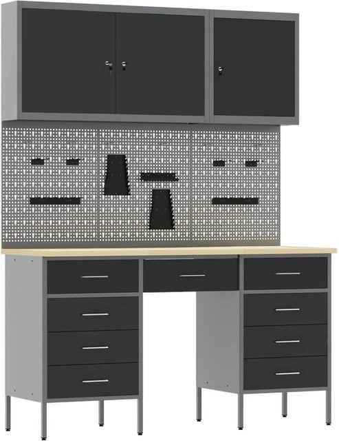 vidaXL Werkbank mit 8 Schubladen und Pegboard aus Holz und Stahl, Schwarz, B/T/H: 200 x 55 x 150 cm - Bild 1
