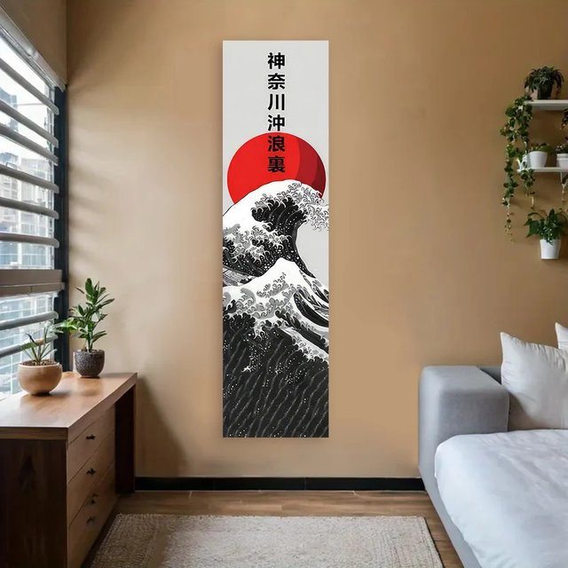 VIKAMA Wandteppich mit japanischen Meereswellen und roter Sonne in Rot und Multicolour, Boho Wandbehang mit Landschaftsmotiv für dein Zuhause - Bild 1
