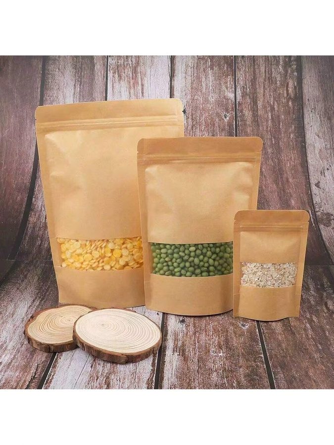 Mattierte Kraft-Reißverschlussbeutel mit Streifenfenster in Braun für Lebensmittel und Geschenkverpackungen, 50/100 Stück - Bild 3