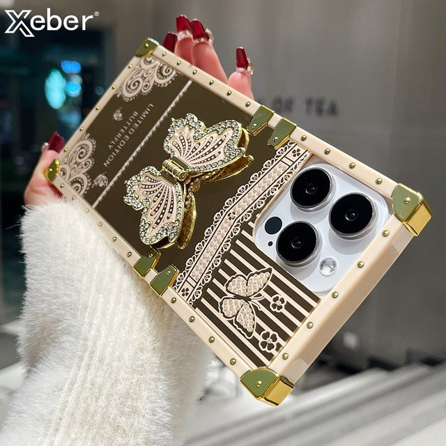 Xeber Handyhülle mit Diamant-Schmetterlings-Halterung und Spiegel für iPhone, Farbe: Weiß - Bild 1
