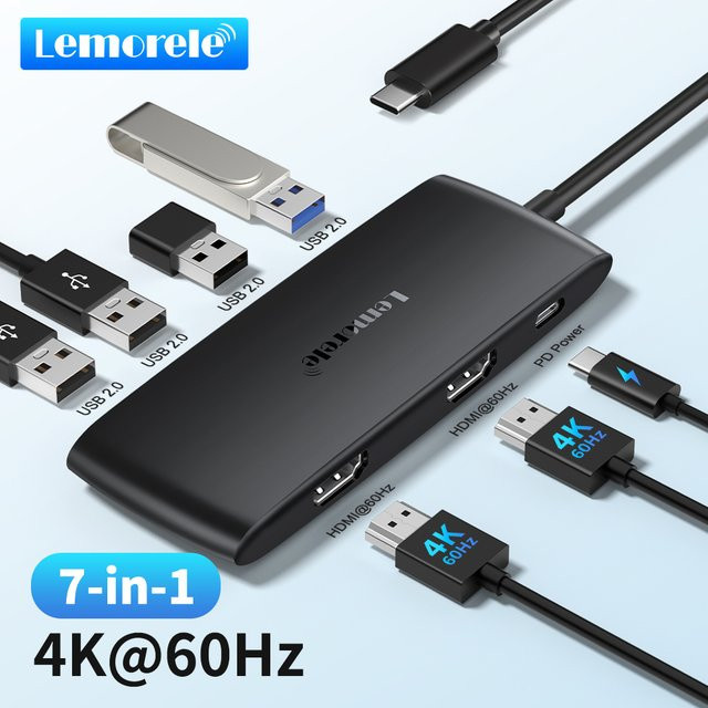 Lemorele 7-in-1 USB-C-Hub Multiport-Adapter Dockingstation in Grau mit 4K UHD Unterstützung und 100 W PD-Schnellladung - Bild 1