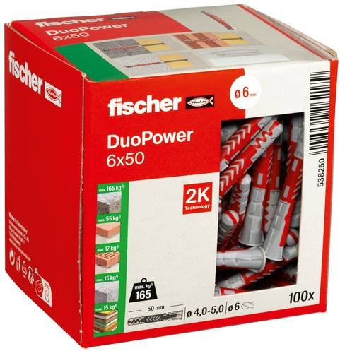 Fischer DUOPOWER Universaldübel aus Nylon, Grau, Durchmesser: 6 mm, Länge: 50 mm, 100 Stück - Bild 2