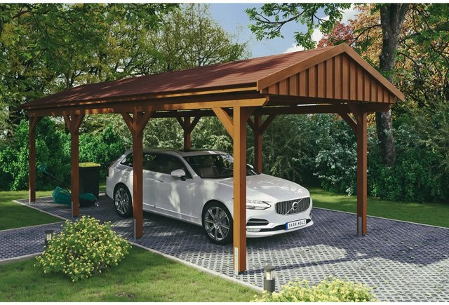 Skan Holz Carport Fichtelberg aus Fichte in Nussbaum Braun mit spitzer Dachform und Dachschindeln, B: 317 cm, T: 808 cm, H: 303 cm - Bild 1