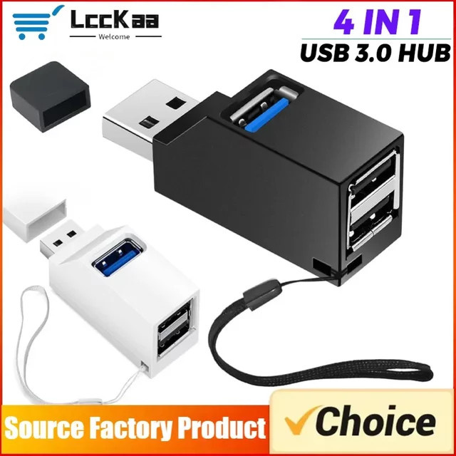 LccKaa USB 3.0 Hub Adapter mit 1 bis 3 Ports als High Speed Mini Splitter für PC und Laptop in Schwarz oder Weiß - Bild 1