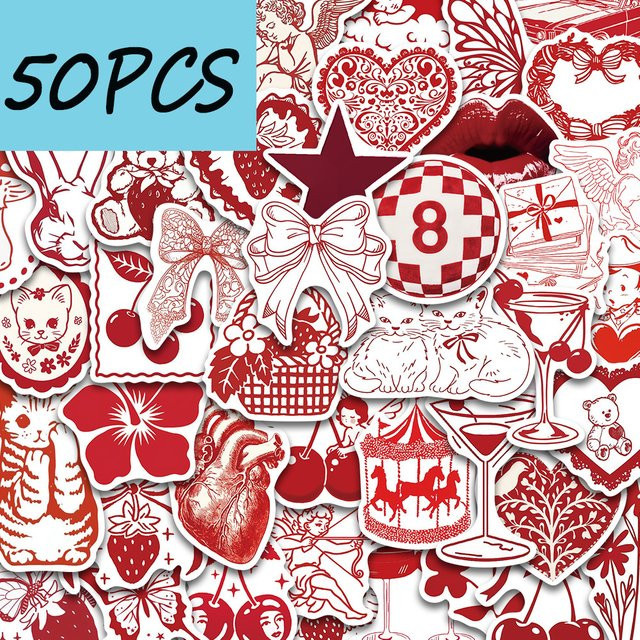 50 Stück wasserfeste Valentinstag-Aufkleber in Rot mit einfachen Zeichnungen zur Dekoration von Umschlägen und Geschenkboxen - Bild 1
