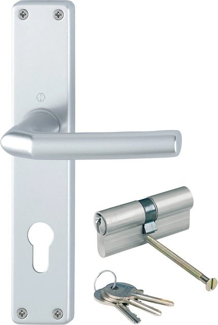 Hoppe Schild-Garnitur Birmingham mit Zylinder aus Aluminium in Silber und Messing - Bild 1