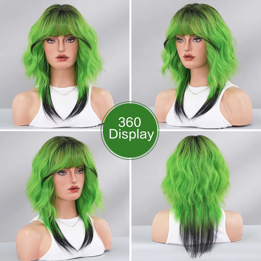 7JHH WIGS Perücke, schulterlange Wasserwellen, grün, Ombre schwarz, Damen - Bild 5
