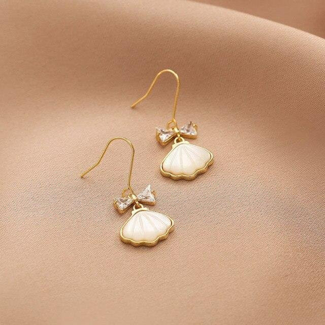 Hängeohrringe 925 Sterling Silber, Muschel, Zirkon, Damen, beige - Bild 1