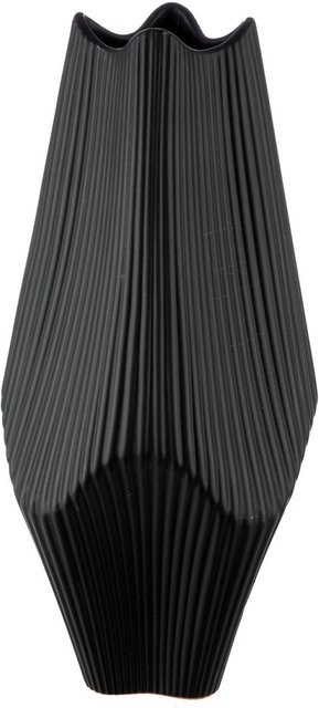 Gilde Vase Lamellen in Schwarz, ovale Keramikvase mit Streifenmuster, Höhe: 18,5 cm, Breite: 15 cm, Tiefe: 15 cm - Bild 1