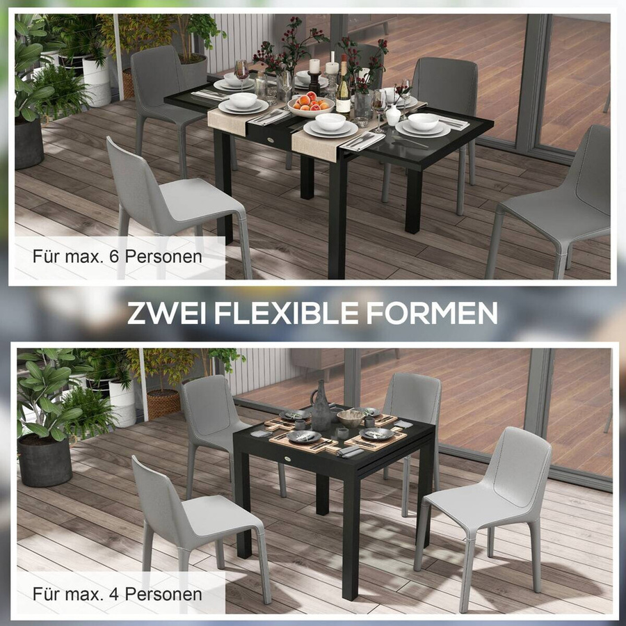 Outsunny Gartentisch aus Metall und Glas in Schwarz, ausziehbar, modern, B/T/H: 160 x 80 x 75 cm - Bild 2