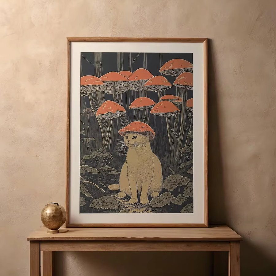 Retro Katzenkunst Poster mit Katze und Pilzhut von SHENCHEN in Mehrfarbig - Bild 2