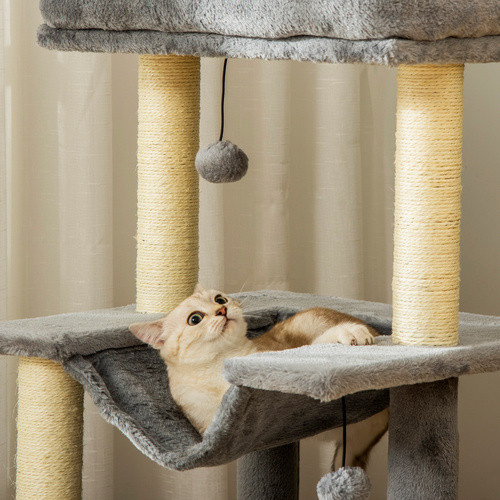 PawHut Kratzbaum für Katzen in Grau mit Hängematte, Höhle und Spielzeug, B/T/H: 48 x 48 x 90 cm - Bild 6