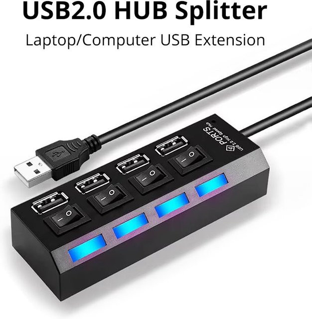 VORILYNEX 4-in-1 USB 2.0 Hub mit 4 Ports und LED-Anzeige, USB-Verteiler mit Ein/Aus-Schalter in Schwarz - Bild 1