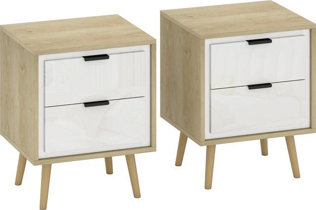 HOMCOM Set aus 2 modernen Nachttischen mit 2 Schubladen und Soft-Close-Funktion, Hochglanzweiß und Eiche, B/T/H: 40 x 35 x 50 cm - Bild 1