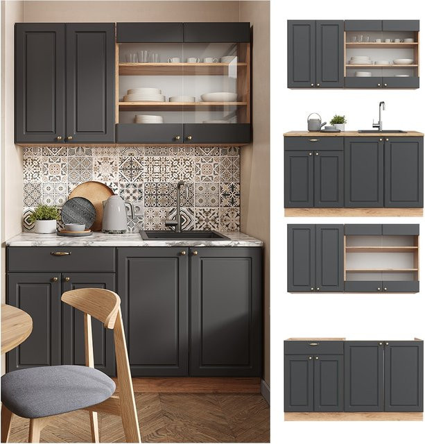 Vicco Küchenzeile Fame-Line Single Einbauküche im Landhausstil, Eiche Anthrazit Gold, Breite: 140 cm - Bild 1