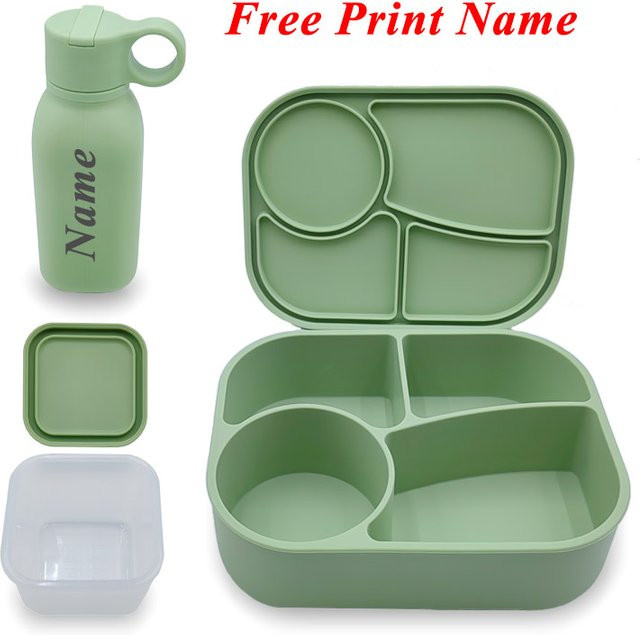 Personalisierte Bento Box und Trinkflasche aus Silikon für Kinder in Lila mit Namen Hi Peggy - Bild 1