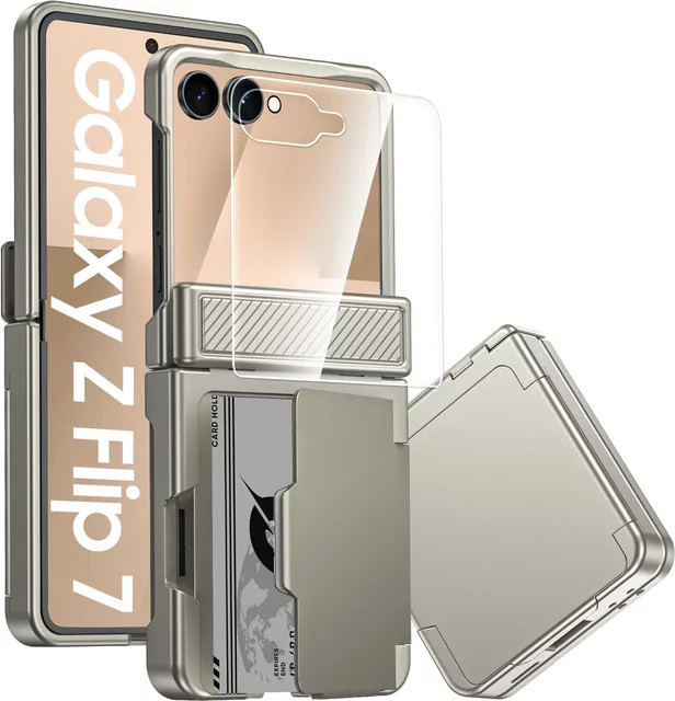 BANGZAO Handyhülle für Samsung Galaxy Z Flip 7 mit Kartenclip, RFID-Schutz und Displayschutzfolie, Stoßschutz, Titan - Bild 1