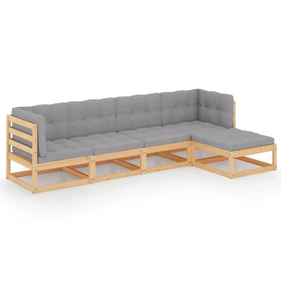 vidaXL 5-tlg Garten-Lounge-Set aus massivem Kiefernholz in L-Form mit grauen Polstern und Kissen - Bild 2