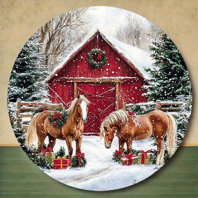 Potdemiel Wandbild Retro Double Horse Barn Scene aus Metall, Rund, Mehrfarbig, Durchmesser: 20 cm - Bild 1